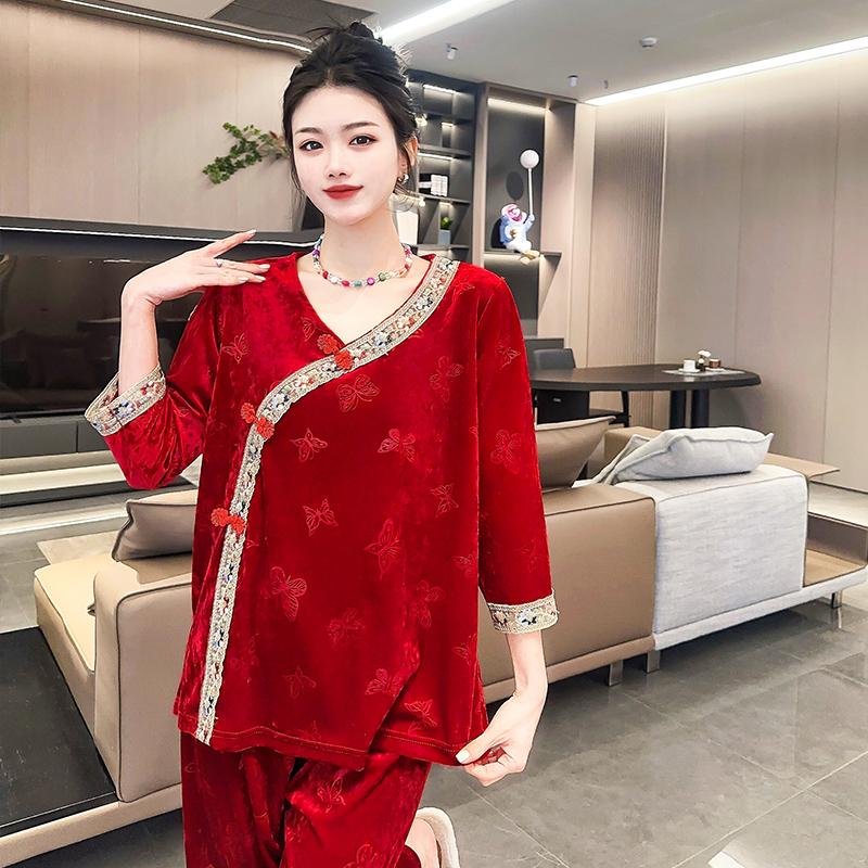 新中式国风睡衣女秋冬新款金丝绒提花高级感轻奢家居服套装可外穿