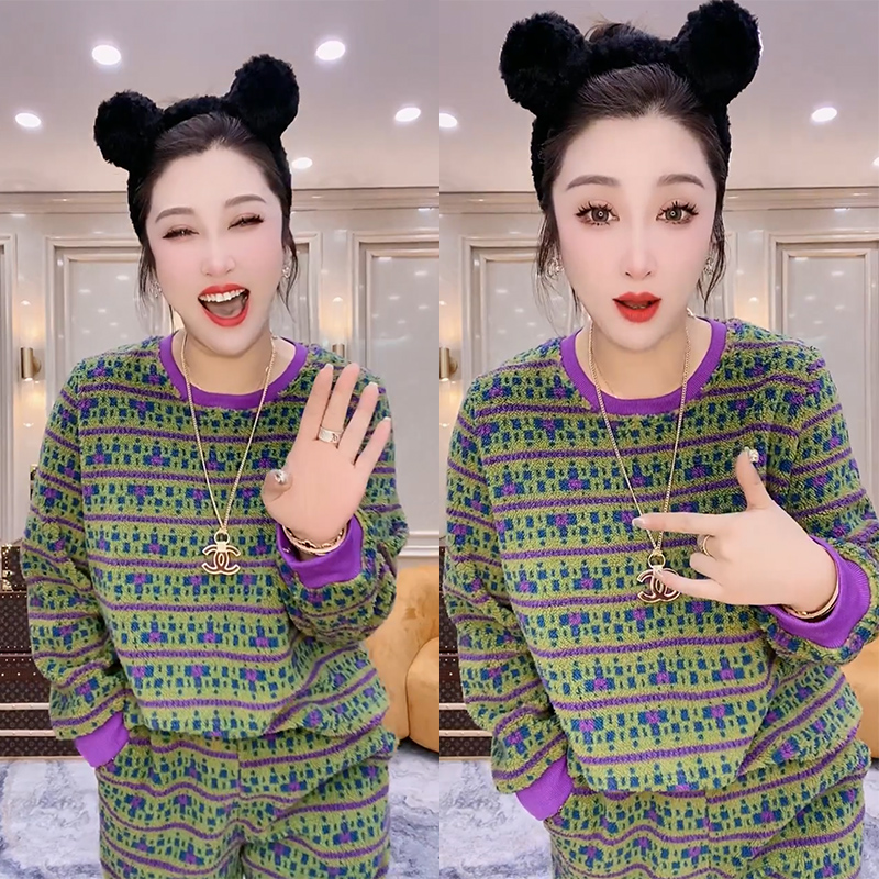 秋季网红时尚条纹睡衣女加厚加绒宽松提花休闲家居服套装可外穿
