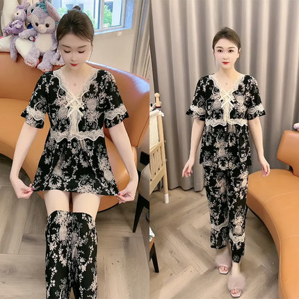 夏季薄款V领睡衣女韩版甜美减龄时尚洋气宽松舒适透气家居服套装