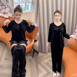 盘扣洋气简约休闲家居服套装 春秋新款 睡衣女新中式 金丝绒长裤 大码