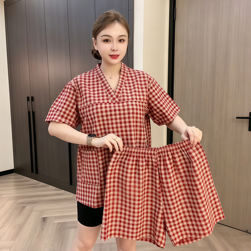 韩系格子短袖睡袍女夏季新款舒适家居服可外穿汗蒸服套装
