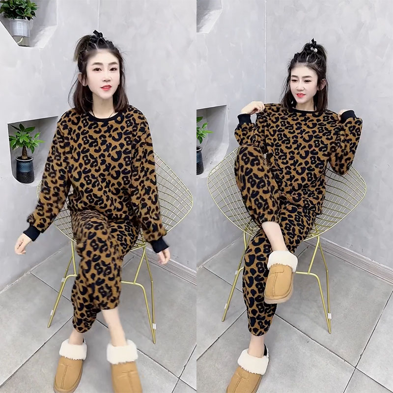 秋冬复古气质豹纹印花长袖睡衣女网红时尚加大码可外穿家居服套装