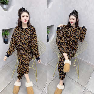 秋冬复古气质豹纹印花长袖睡衣女网红时尚加大码可外穿家居服套装
