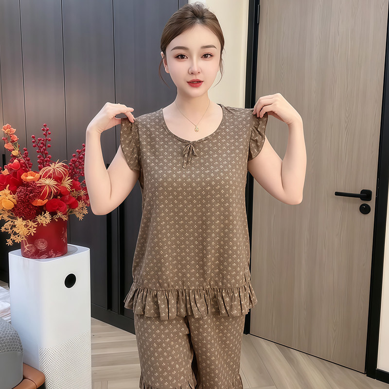 清凉舒适休闲家居服睡衣夏季女士新款圆领花边坎袖上衣短裤两件套