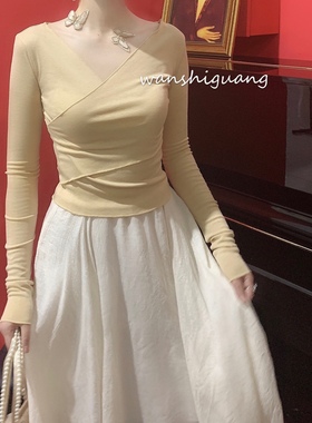 晚时光秒杀 复古短袖百搭弹力V领薄款针织衫温柔修身长袖上衣t