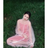 晚时光 秒杀 显白蜜桃粉吊带裙小清新仙女裙蜜桃粉螺纹棉吊带裙