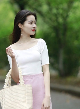 晚时光 【秒杀】一字领显白灰色冰感针织上衣中袖露锁骨清凉短袖