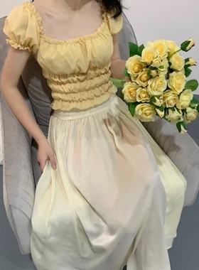 晚时光秒杀 温柔显白鹅黄复古方领短袖上衣短款修身显瘦超仙