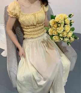 修身 上衣短款 显瘦超仙 温柔显白鹅黄复古方领短袖 晚时光秒杀