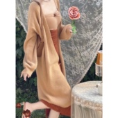 晚时光纯情慵懒风宽松针织外套软糯开衫 上衣奶茶色 女早秋复古长款