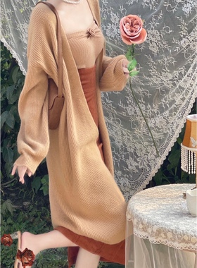 晚时光纯情慵懒风宽松针织外套软糯开衫女早秋复古长款上衣奶茶色