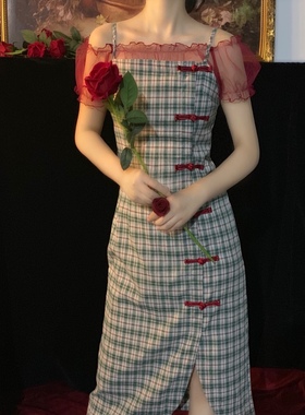 晚时光 秒杀改良旗袍连衣裙国风少女复古盘扣吊带裙格纹中长裙