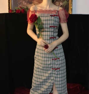 晚时光 改良旗袍连衣裙国风少女复古盘扣吊带裙格纹中长裙 秒杀