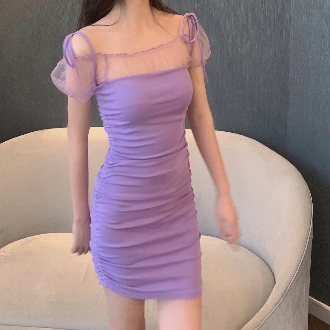 晚时光 夏 性感显白修身香芋紫色吊带包裙连衣裙