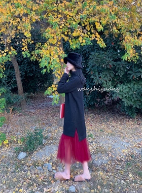 晚时光【清仓秒杀】chao厚实黑色半高领针织裙保暖显瘦宽松毛衣