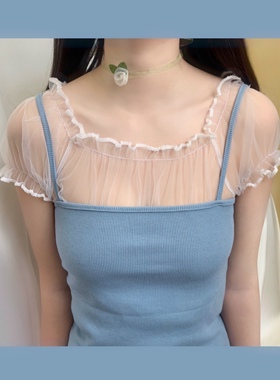 晚时光秒杀 夏防走光白色网纱打底上衣泡泡袖短款短袖透视一字肩