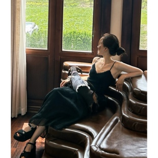 黑色长裙 露思同款 晚时光 5.16甜辣黑色蕾丝吊带半身裙