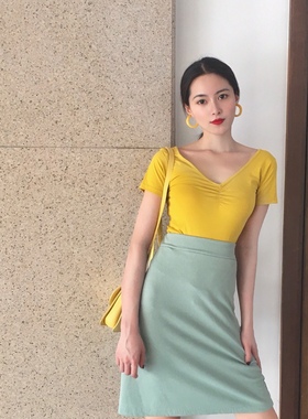 晚时光秒杀 复古酒红色V领短袖 黑色V领短袖 粉色V领短袖