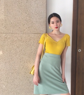 粉色V领短袖 黑色V领短袖 复古酒红色V领短袖 晚时光秒杀