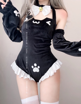 胖次狂挂脖连体cos可爱紧身甜萌喵制服套装绒绒黑猫魔女