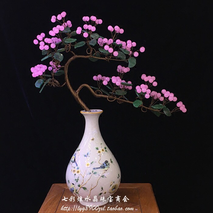 专柜粉玉髓发财摇钱树水晶树陶瓷花瓶平安果风水摆件客厅酒柜桌面