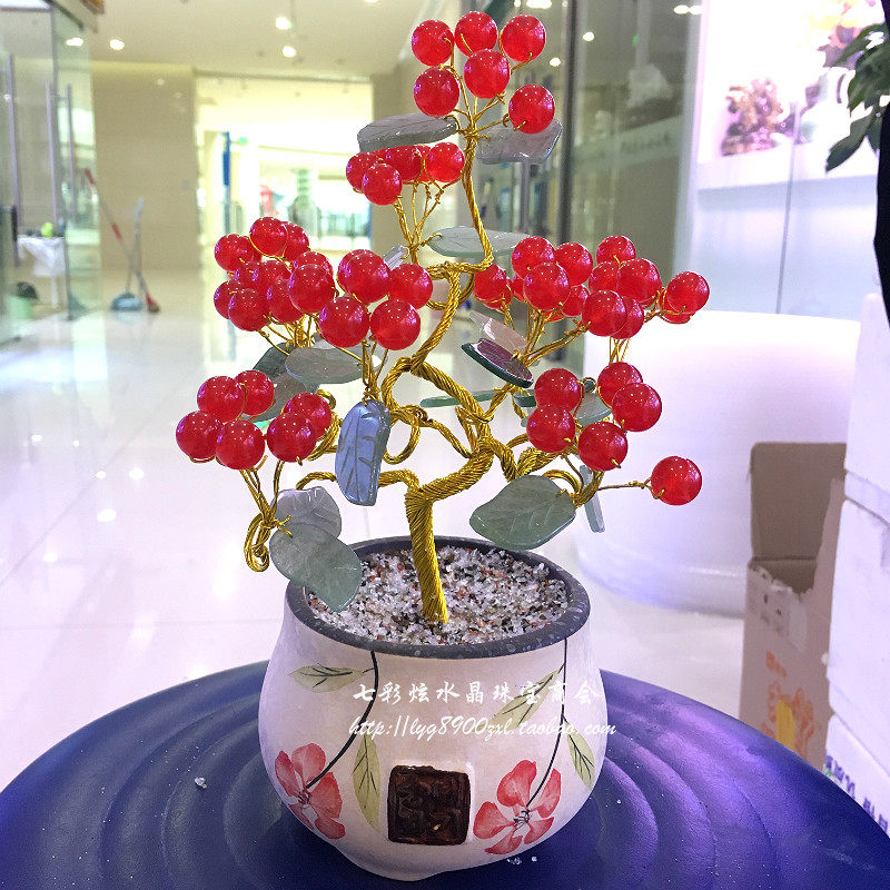 红玉髓水晶发财摇钱树黄平安果电脑吧台桌面摆件床头酒柜生日礼物