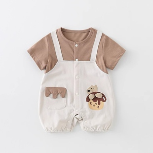 婴儿夏季衣服超萌男宝宝连体衣薄款夏装短袖外出服可爱假两件哈衣