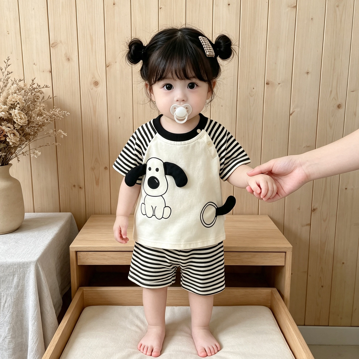 女童夏季条纹小狗短袖套装薄款