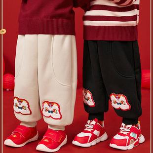 婴儿拜年服男童加绒加厚长裤子儿童新年冬装秋冬女童宝宝过年棉裤