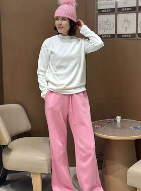 粉色工装休闲裤女宽松显瘦抽绳卫裤小个子阔腿裤