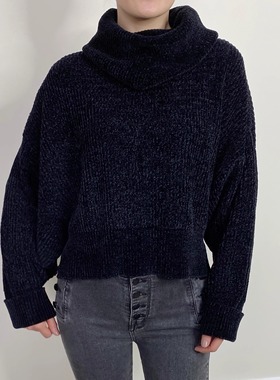 慵懒风高领毛衣女冬季宽松针织衫高级感黑色上衣