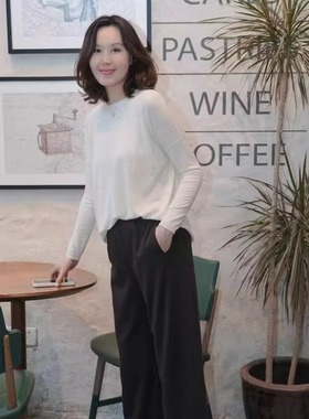 FAMINI竹羊绒圆领插肩套头慵懒风毛衣女冬季宽松针织衫高级感上衣