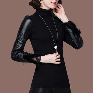 打底衫 百搭加绒加厚保暖毛衣内搭针织衫 羽绒棉袖 新款 女士冬季 皮袖