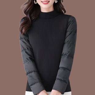 羽绒袖打底衫女冬季新款加厚90白鸭绒搭配皮草马甲黑色毛衣针织衫