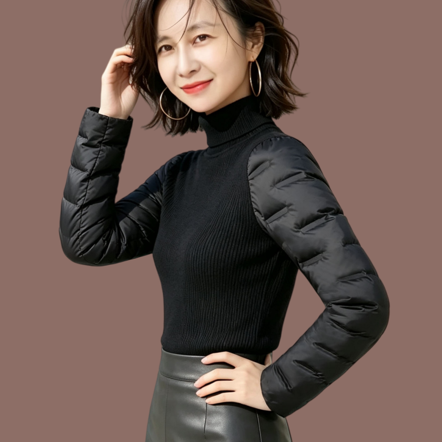 羽绒袖打底衫女冬内搭配皮草马甲加绒加厚鸭绒袖黑色显瘦针织毛衣