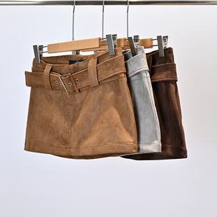 低腰麂皮绒高品质腰带半身裙女复古欧美风直筒包臀超短裙秋冬加厚