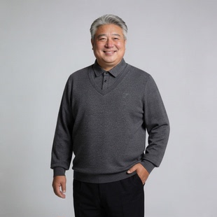 中老年人胖子爸爸加肥加大码长袖翻领T恤肥佬男装宽松假二件格子