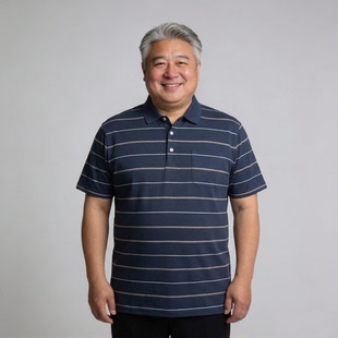 加肥加大码 中老年长辈男士 男装 夏季 翻领条纹T恤胖子口袋6X 短袖