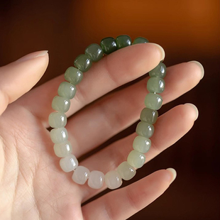 天然冰底和田玉渐变手串女老型珠子玉石手链DIY散珠串珠转运珠