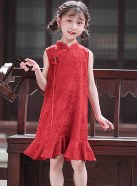 叙罗儿童旗袍夏季无袖中国风连衣裙女童红色小旗袍改良新中式礼服