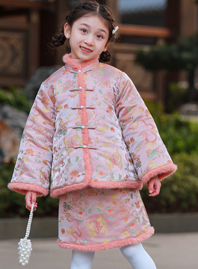 叙罗儿童拜年服冬季女孩过年装女童唐装新中式夹棉外套中国风棉衣