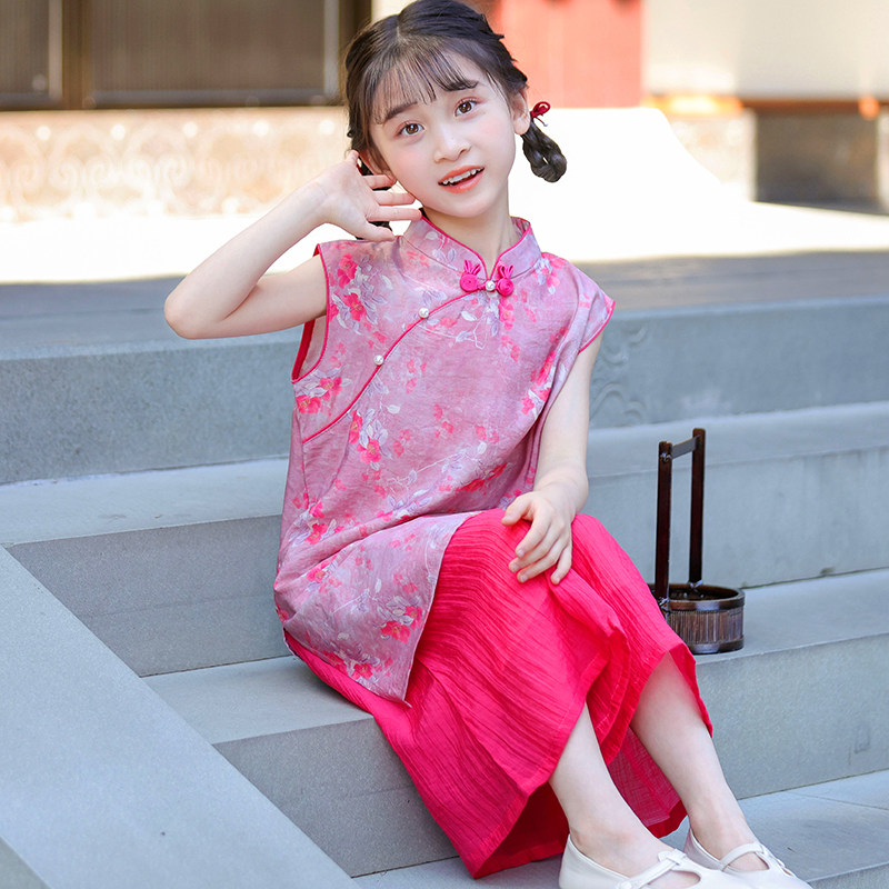 叙罗儿童新中式套装夏款女童中国风女孩旗袍套裙宋裤两件套文艺