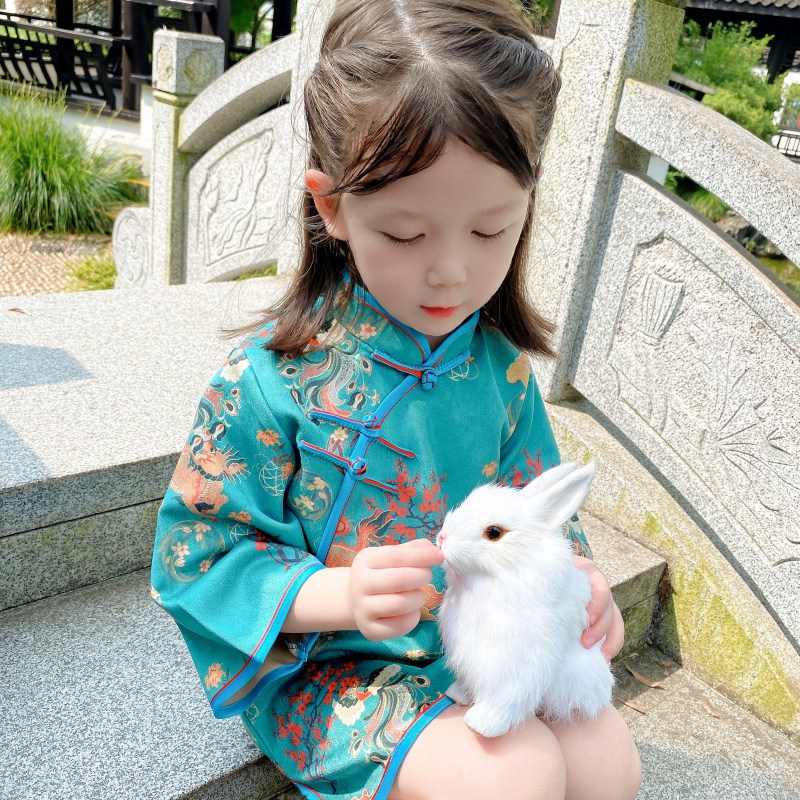 女童春秋季新款旗袍长袖连衣裙儿童中国风唐装中长款汉服裙子洋气