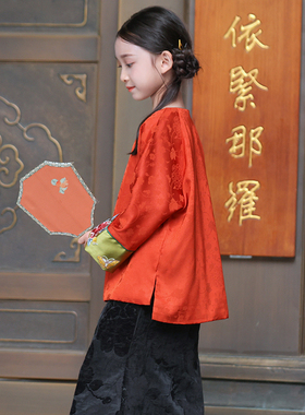 叙罗女童新款春季新中式古风气质外套儿童偏襟款古典上衣女孩唐装