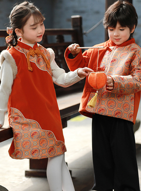 叙罗男女童拜年服冬季儿童唐装姐弟新年装过年新中式外套宝宝汉服
