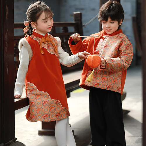 叙罗男女童拜年服冬季儿童唐装姐弟新年装过年新中式外套宝宝汉服