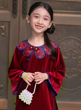 叙罗儿童新中式上衣春款丝绒气质女孩中国风云肩偏襟汉服女童唐装