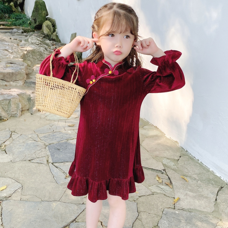 秋季新款金丝绒走秀古风女童旗袍