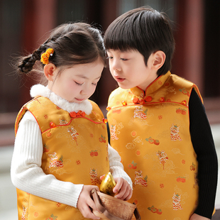叙罗儿童唐装新年款女童拜年服姐弟冬装兄妹马甲男童新中式背心裙
