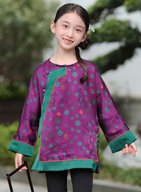 叙罗女童新中式新款春秋古风气质外套儿童偏襟款古典上衣女孩唐装